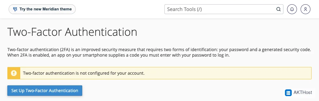 The cPanel Two-Factor Authentication page with the Set Up Two-Factor Authentication button.