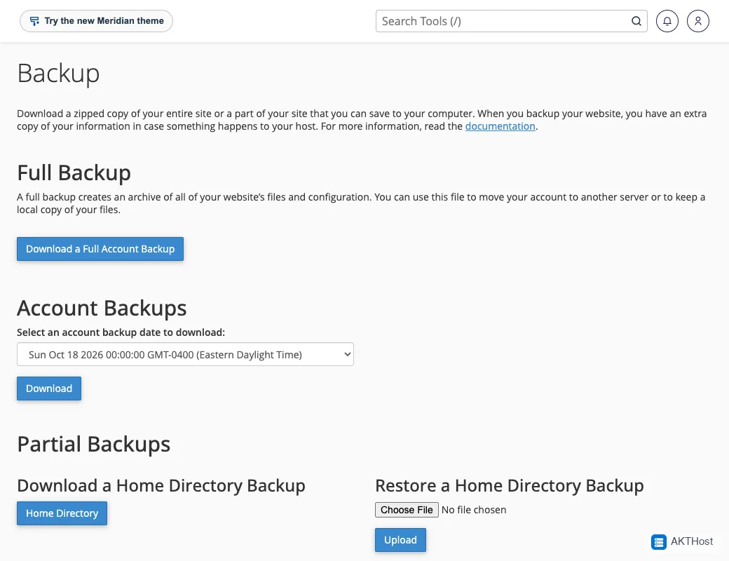 The cPanel Backup page with the Download a Full Account Backup button.