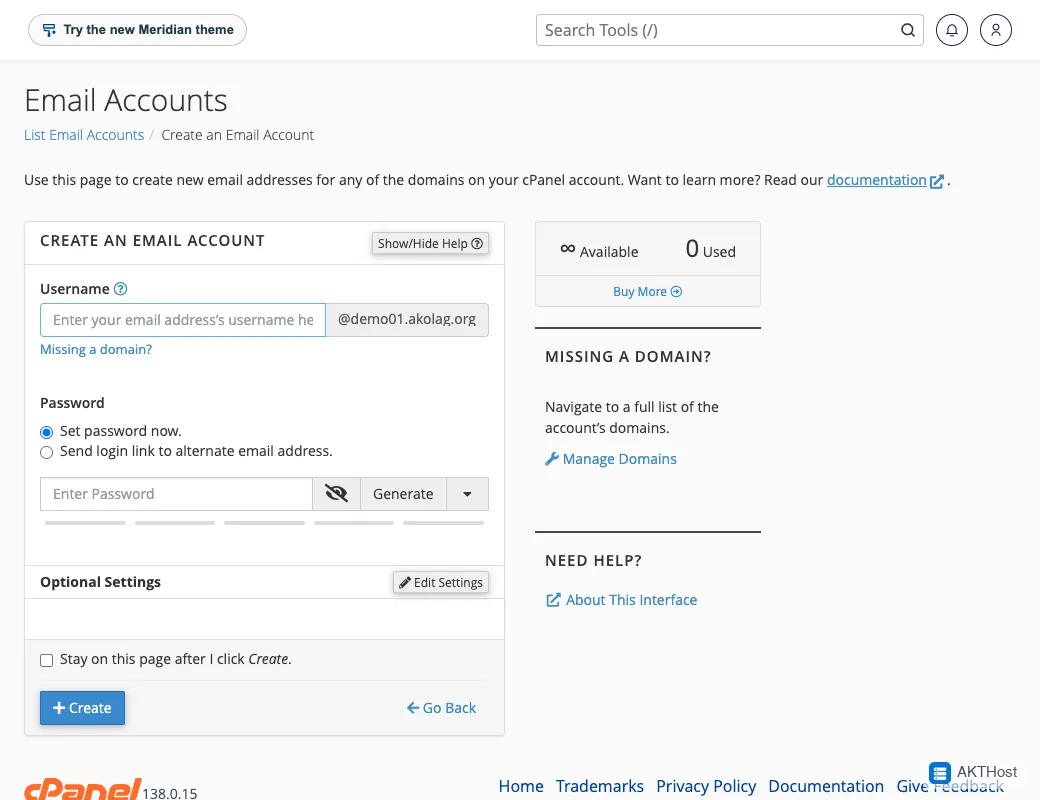 The cPanel Create an Email Account form.