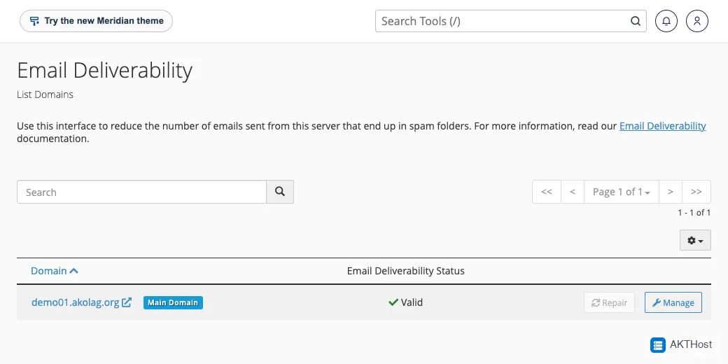 The cPanel Email Deliverability page listing a domain with a Valid status and a Manage button.