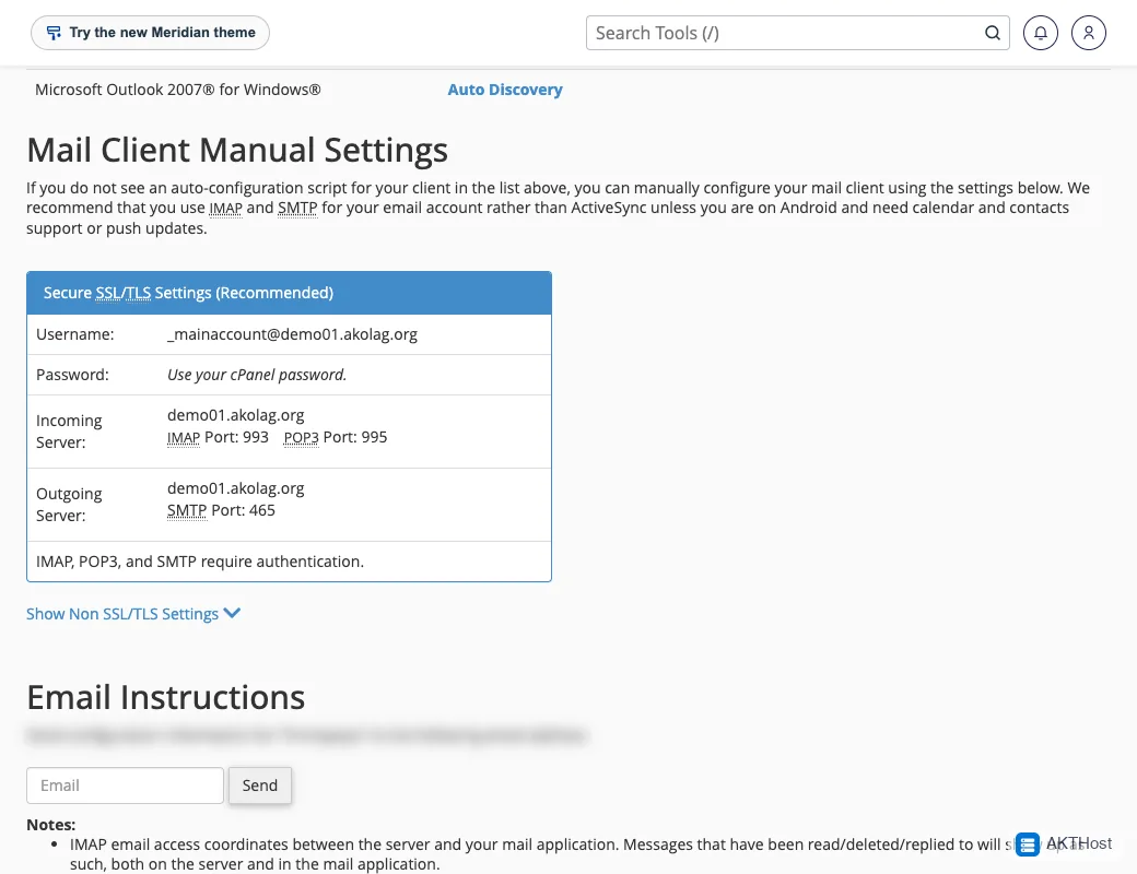 The cPanel Mail Client Manual Settings box showing the username, incoming server with IMAP port and outgoing server with SMTP port.