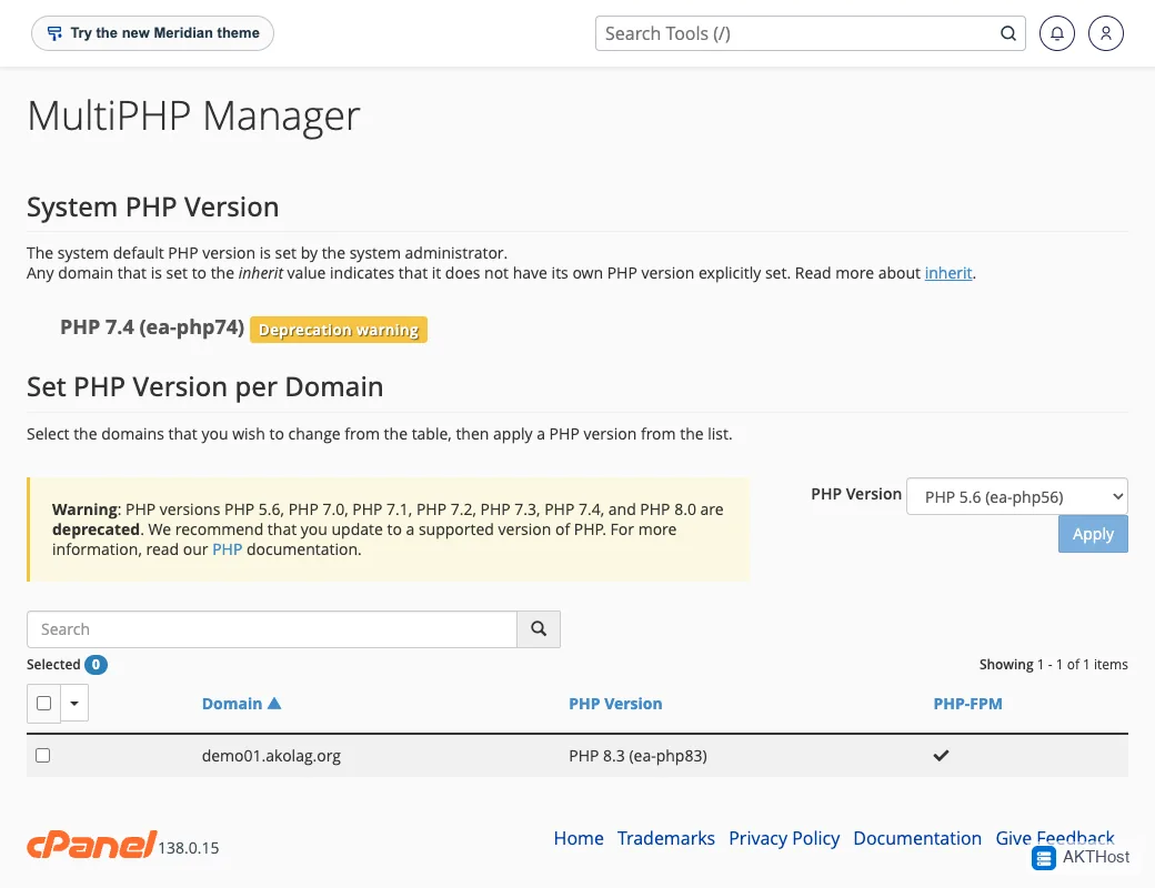 The cPanel MultiPHP Manager listing a domain and the PHP version it uses.