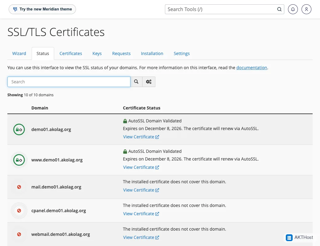 The cPanel SSL/TLS Status page listing each domain with a green padlock when its certificate is valid.