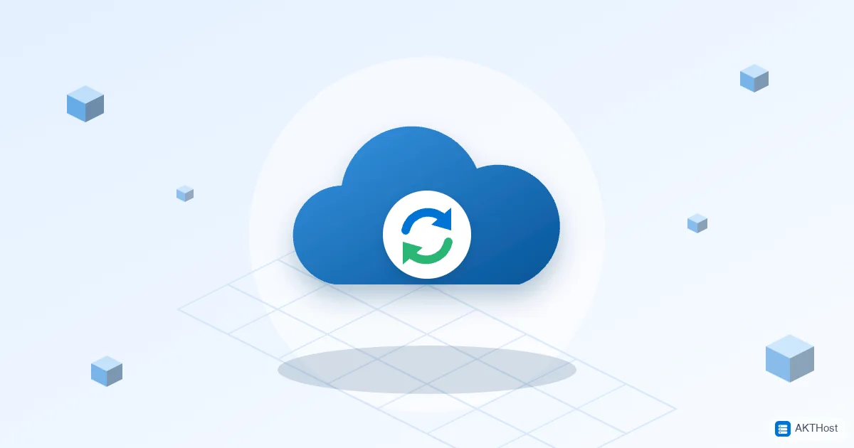 Illustration of a blue cloud with a green refresh symbol, for backups and updates