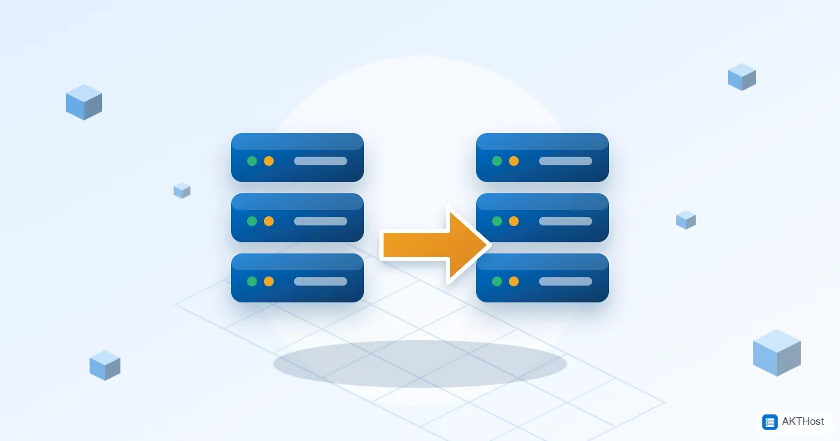 Illustration of two server stacks with an arrow between them, for moving a website to a new host