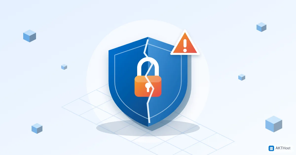 Illustration of a cracked blue shield with a warning sign, for a hacked WordPress site
