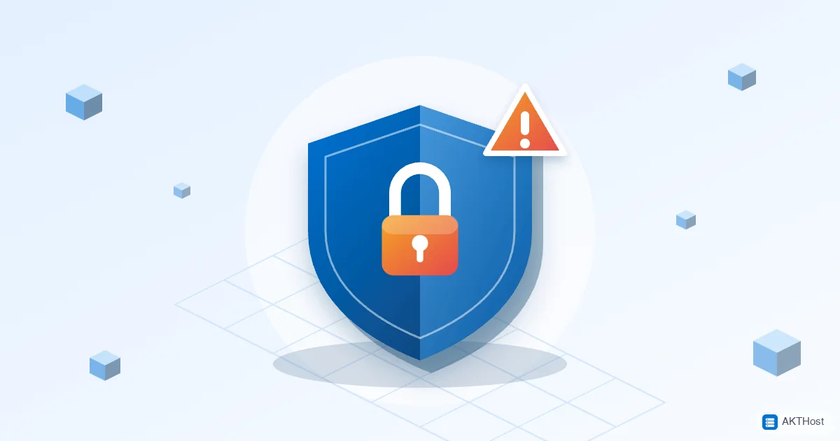 Illustration of a blue shield with a padlock and a warning sign, for the wp2shell WordPress security alert