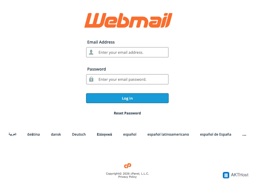 The Webmail login page with Email Address and Password boxes.