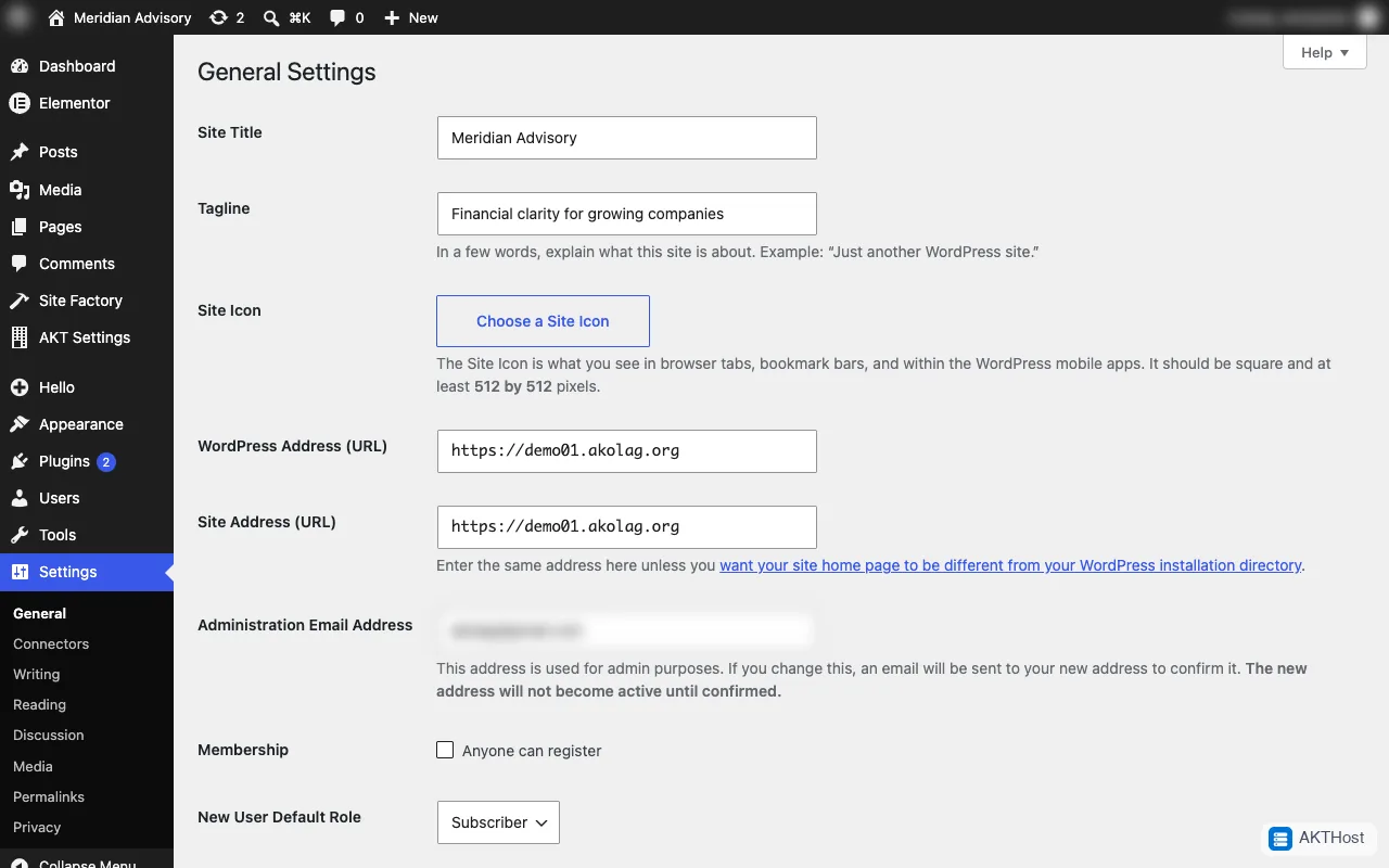 The WordPress General Settings page with the WordPress Address and Site Address fields.