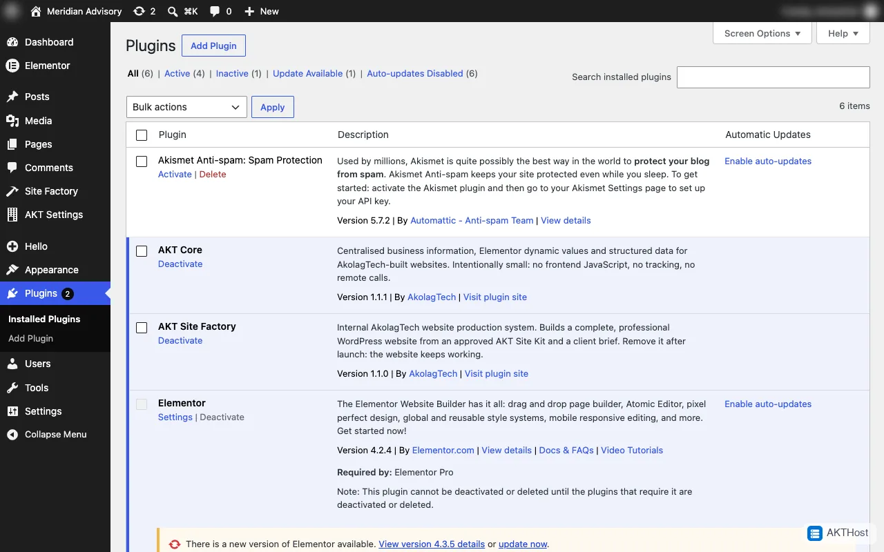 The WordPress Plugins list with each plugin and its update status.