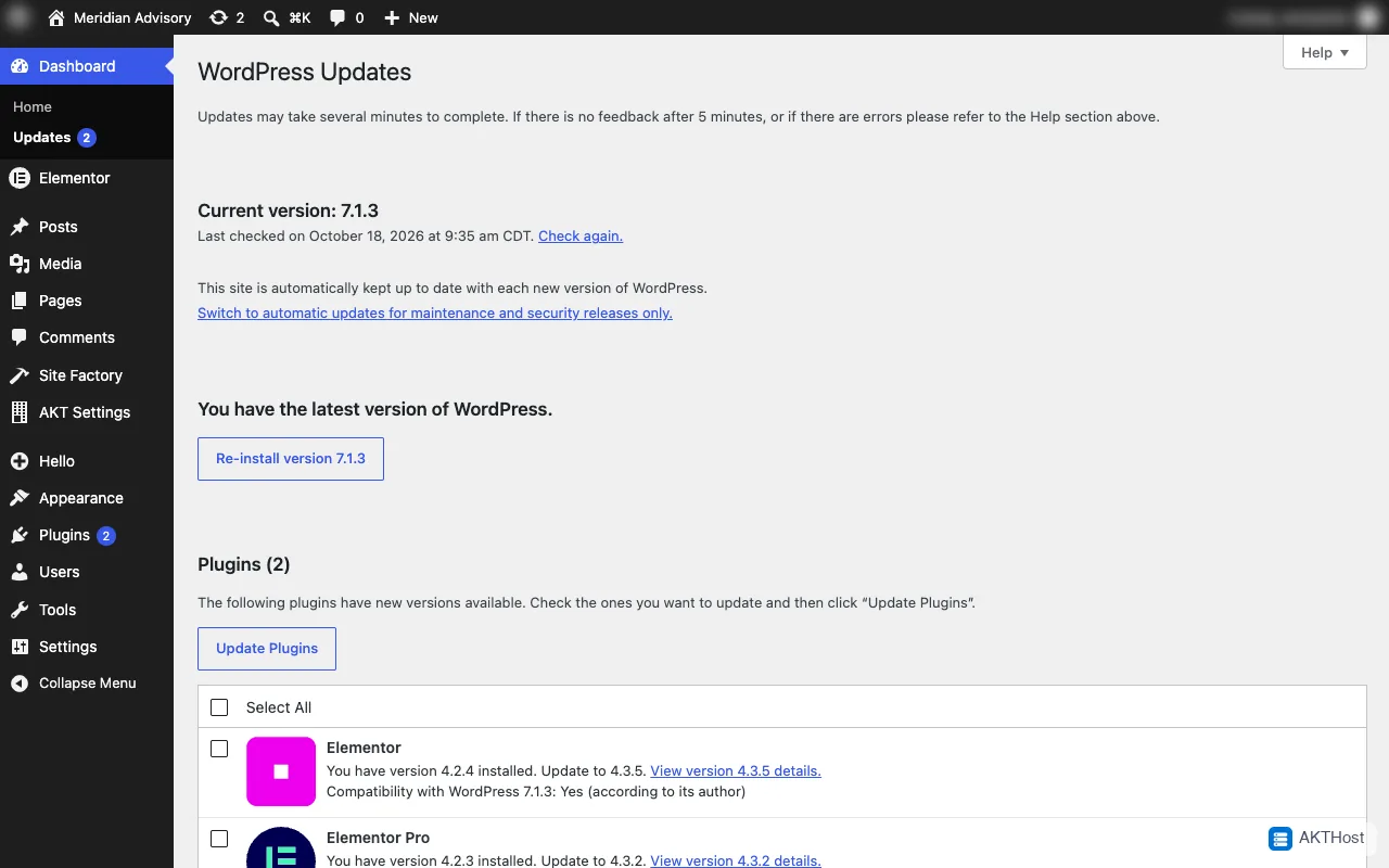 The WordPress Updates page with updates waiting for plugins.