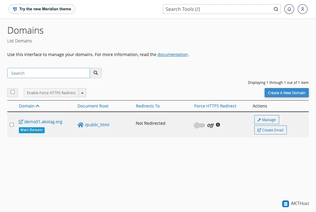 The cPanel Domains page with the Force HTTPS Redirect switch
