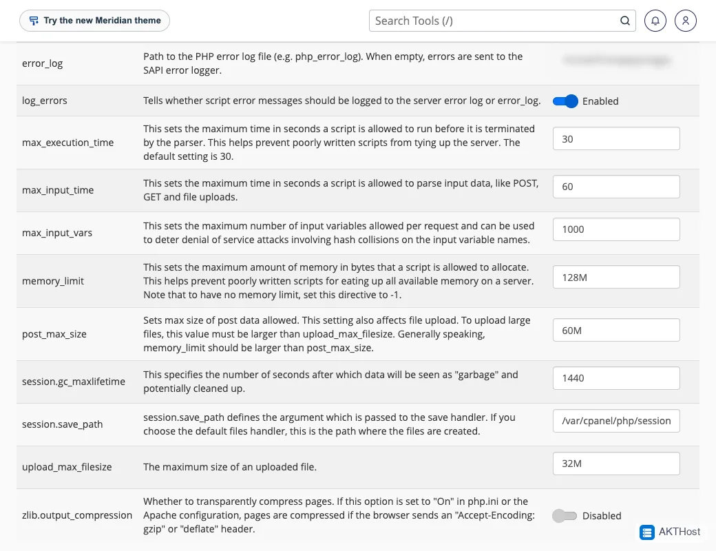 The cPanel MultiPHP INI Editor with memory_limit and upload_max_filesize settings