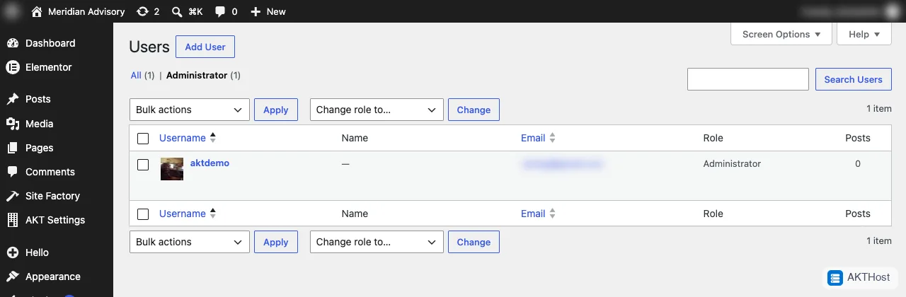 The WordPress Users list filtered to Administrator